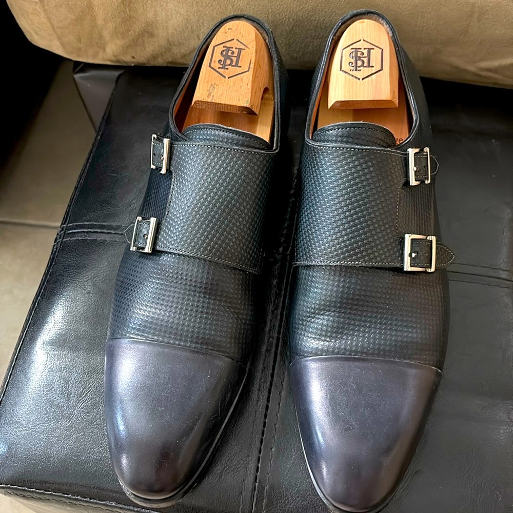 Santoni Double Monk Strap Mens Black Leather Buckles  Italy 11652 45 F  Sz 8.5